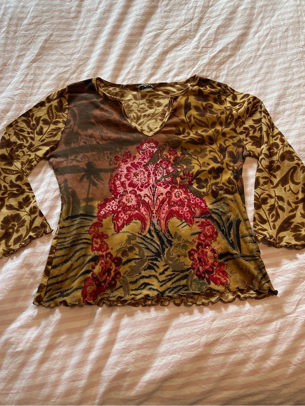 Floral Red Velvet-Print Long Sleeve Top